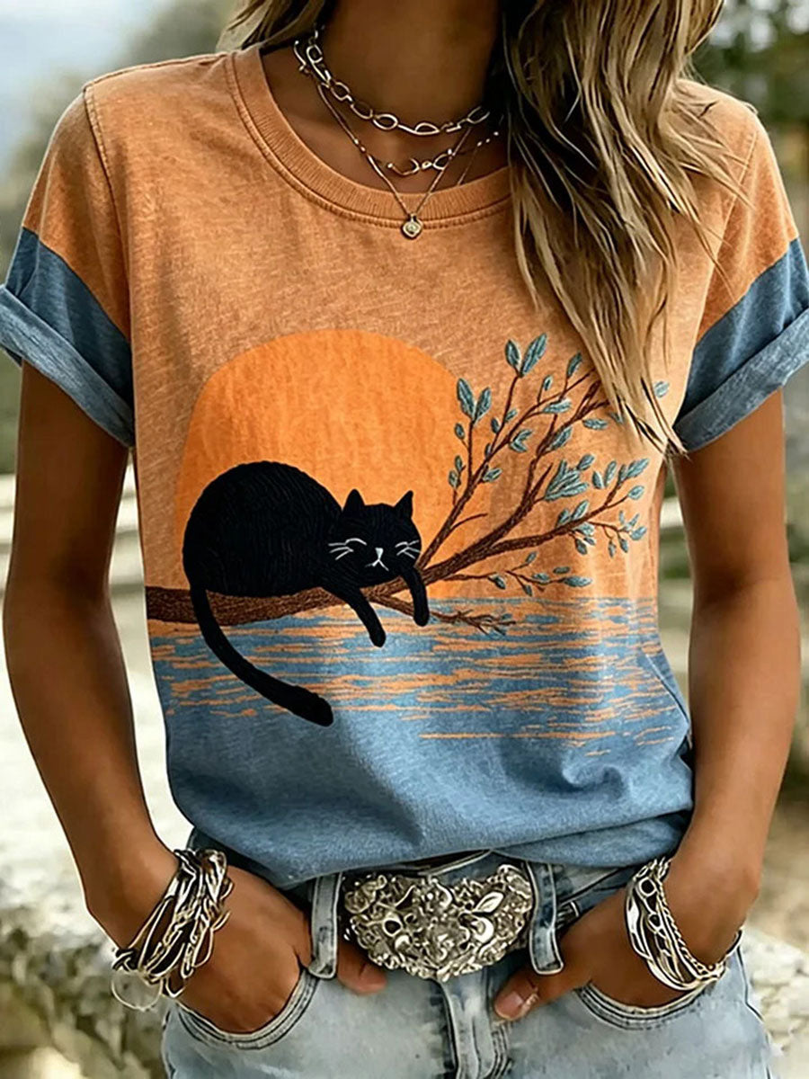 T-shirt décontracté pour femmes avec imprimé chat