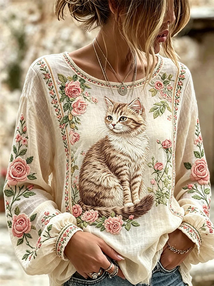 Chemise pour femmes avec broderie et imprimé chat