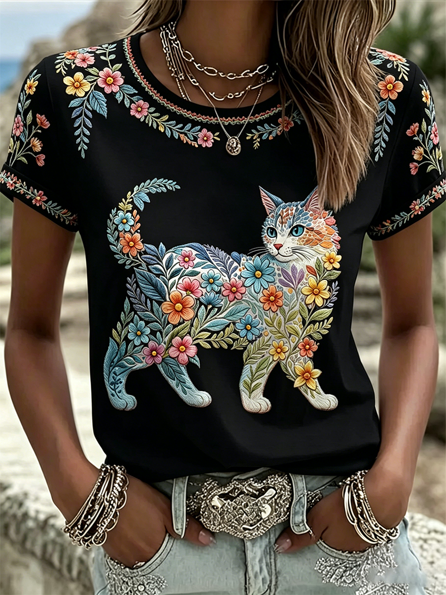 T-shirt décontracté pour femmes avec imprimé fleurs et chats