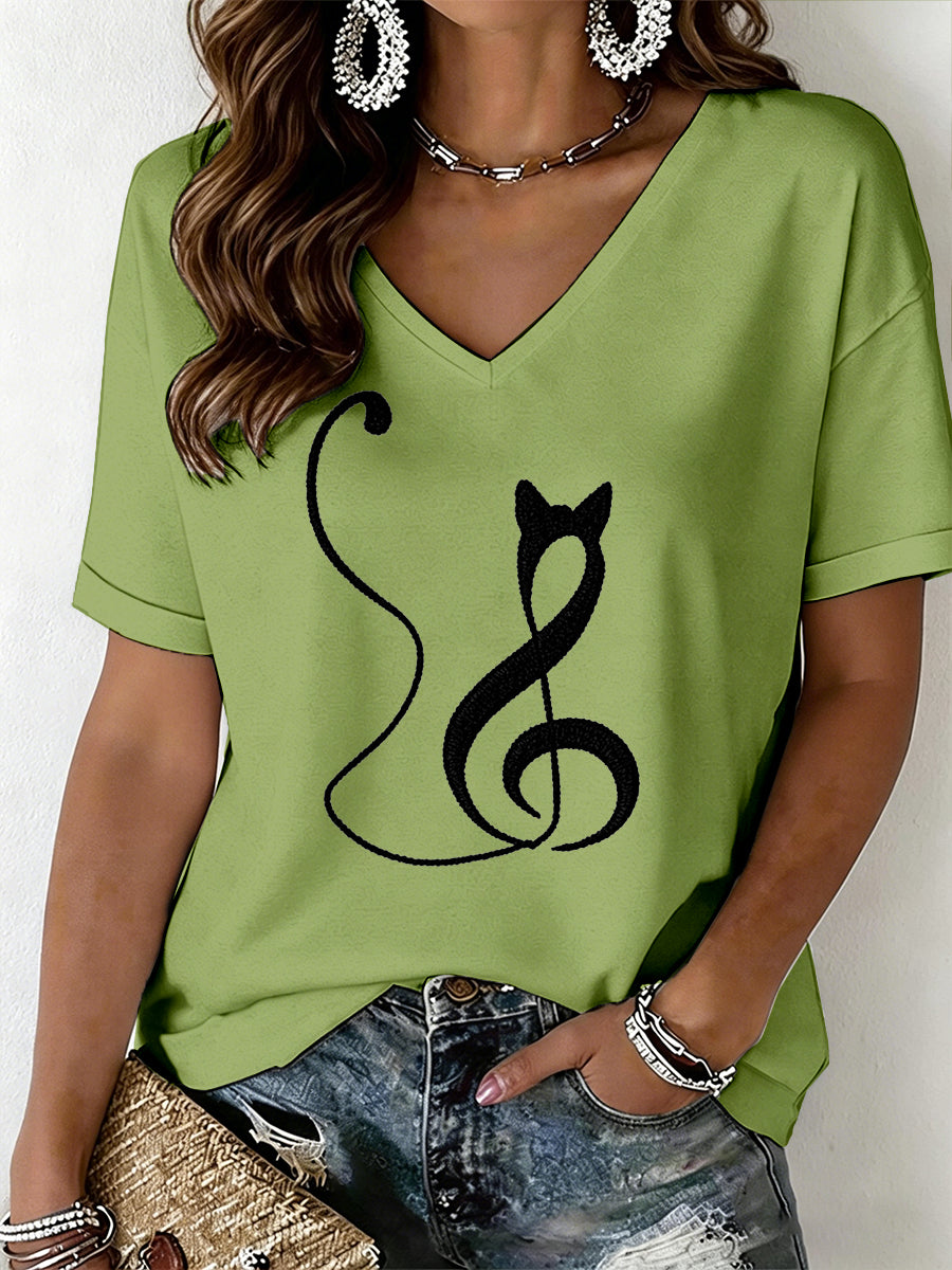T-shirt à col en V avec imprimé chat pour femmes