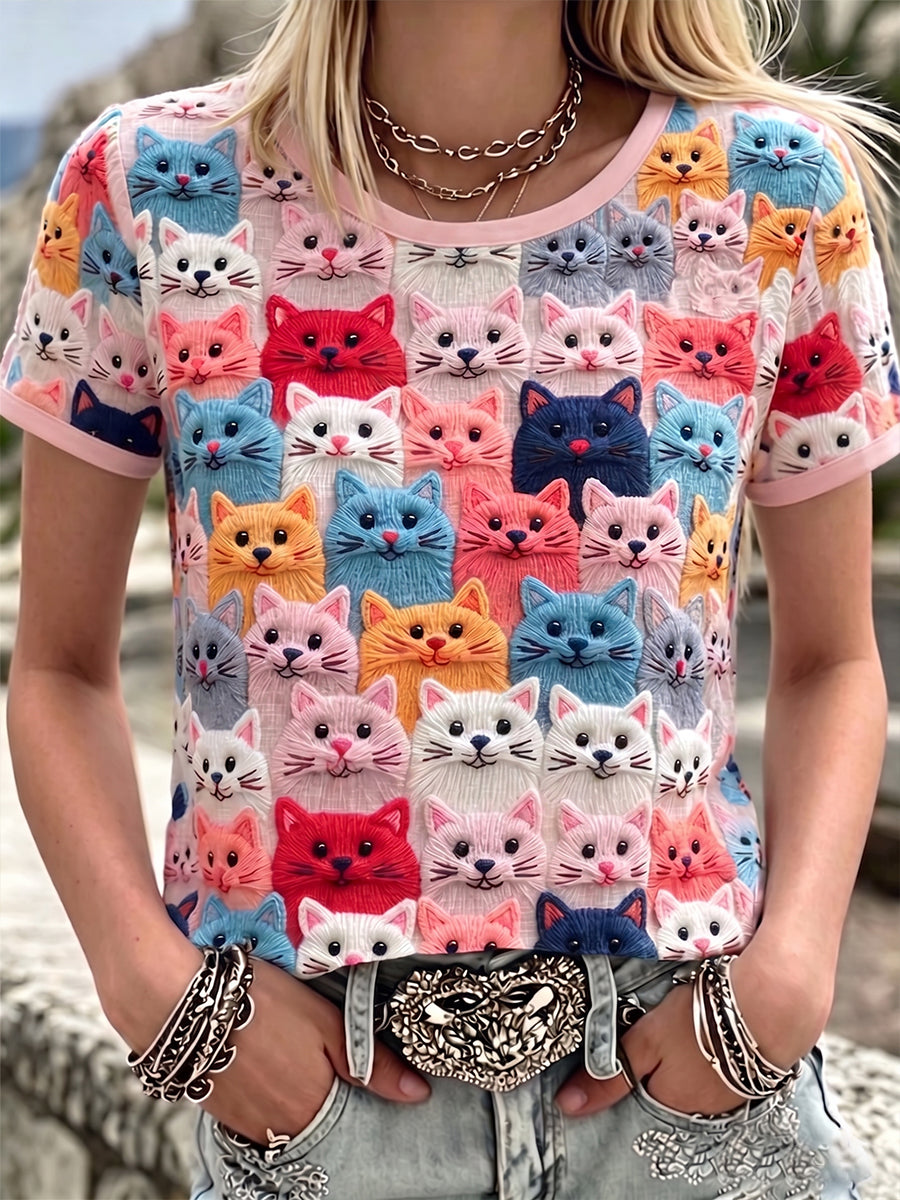 Femmes Colorful Mignon Chats Motif Col Rond Lin Top