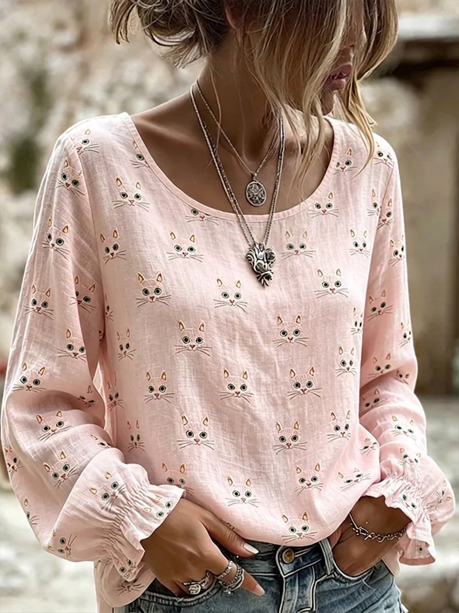 Femme Mignon Chat Visage Broderie Art Lin O-cou Manches Longues Chemise