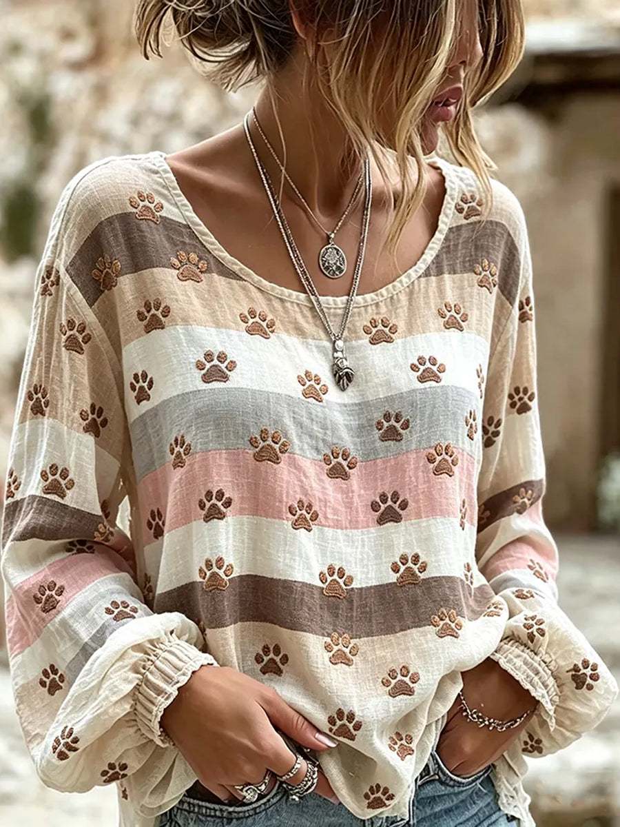 Motif mignon de griffe de chat des femmes Color-blocked Design lin O-cou chemise à manches longues