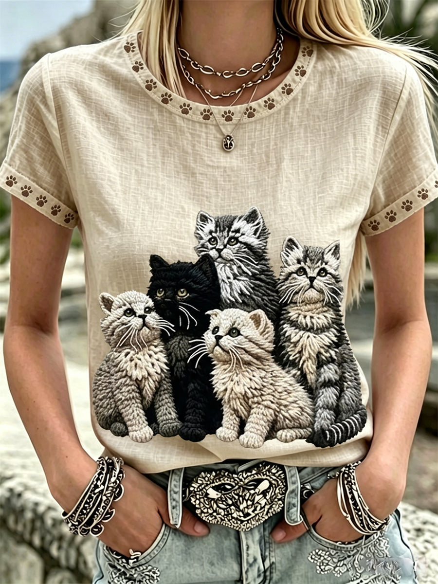 Les beaux chats des femmes Art & Paw imprime O-cou en lin à manches courtes Top