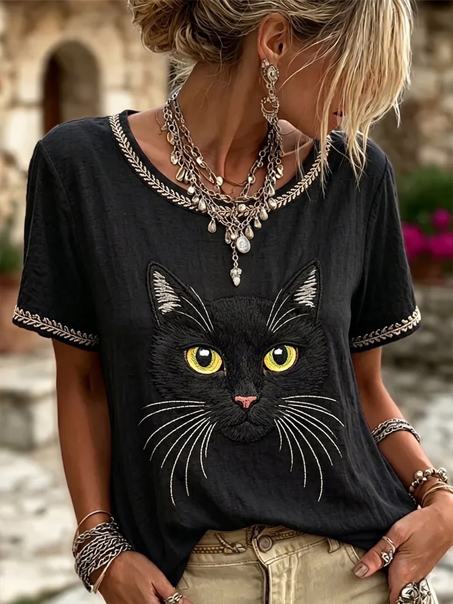 Femmes Vintage Noir Chat Visage Art Lin Col Rond Manches Courtes Top