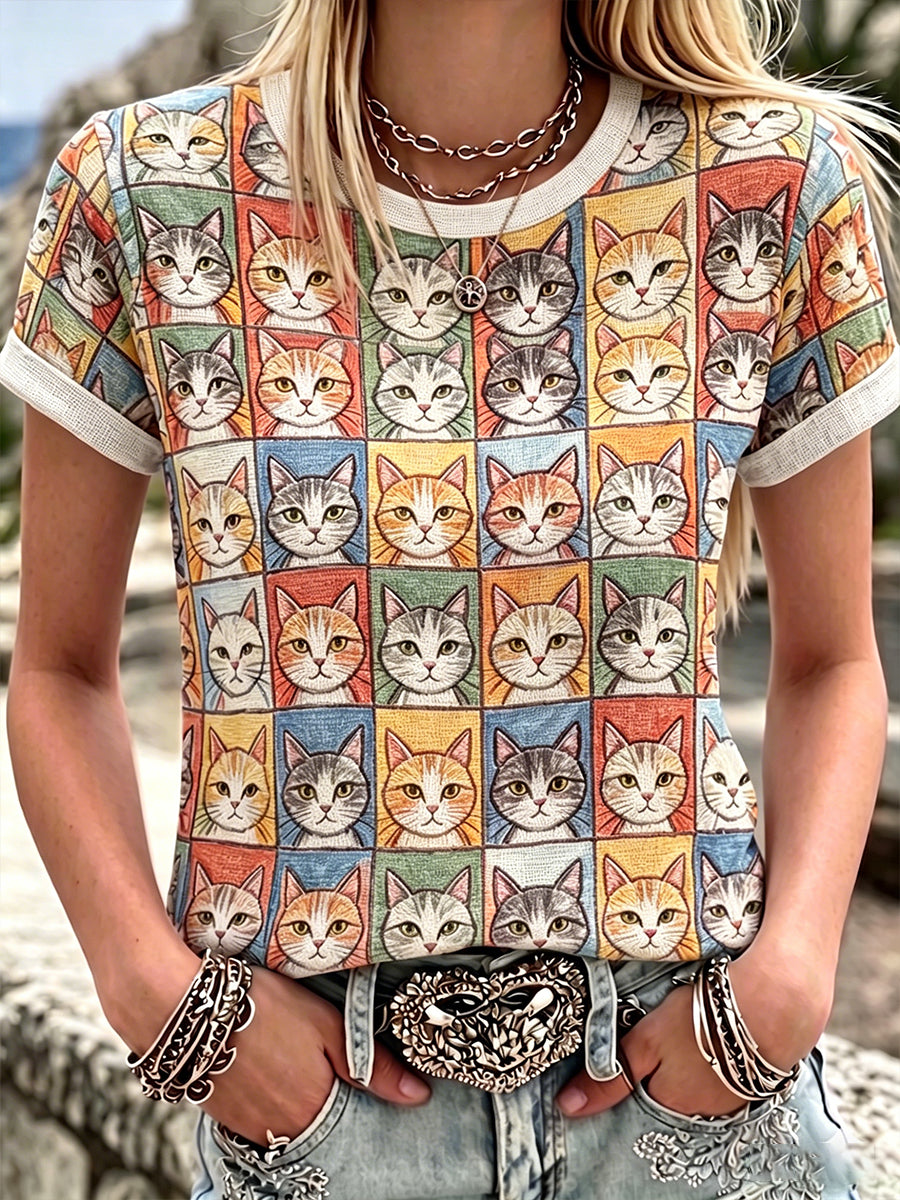 Haut en lin à col rond pour femmes, motif chats mignons et coloré