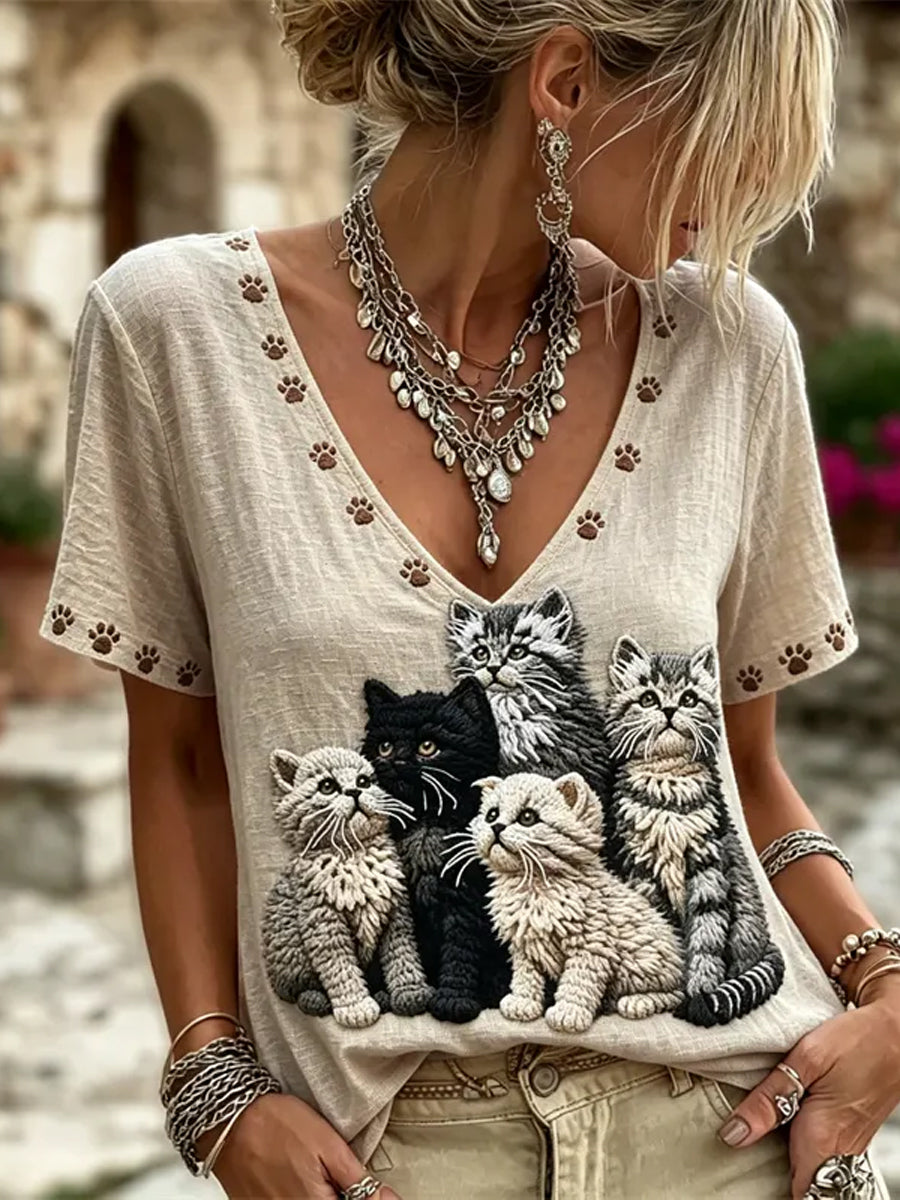 Femmes Charmant Chats Art & Patte Imprimés Col V Lin Manches Courtes Top