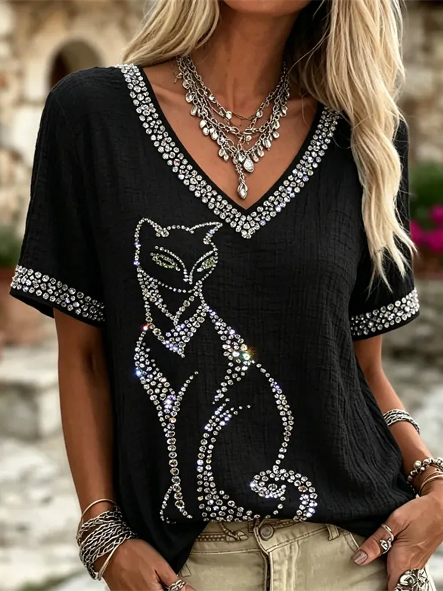 Chic Glitter Cat Art confortable lin col en V lin manches courtes Top femmes