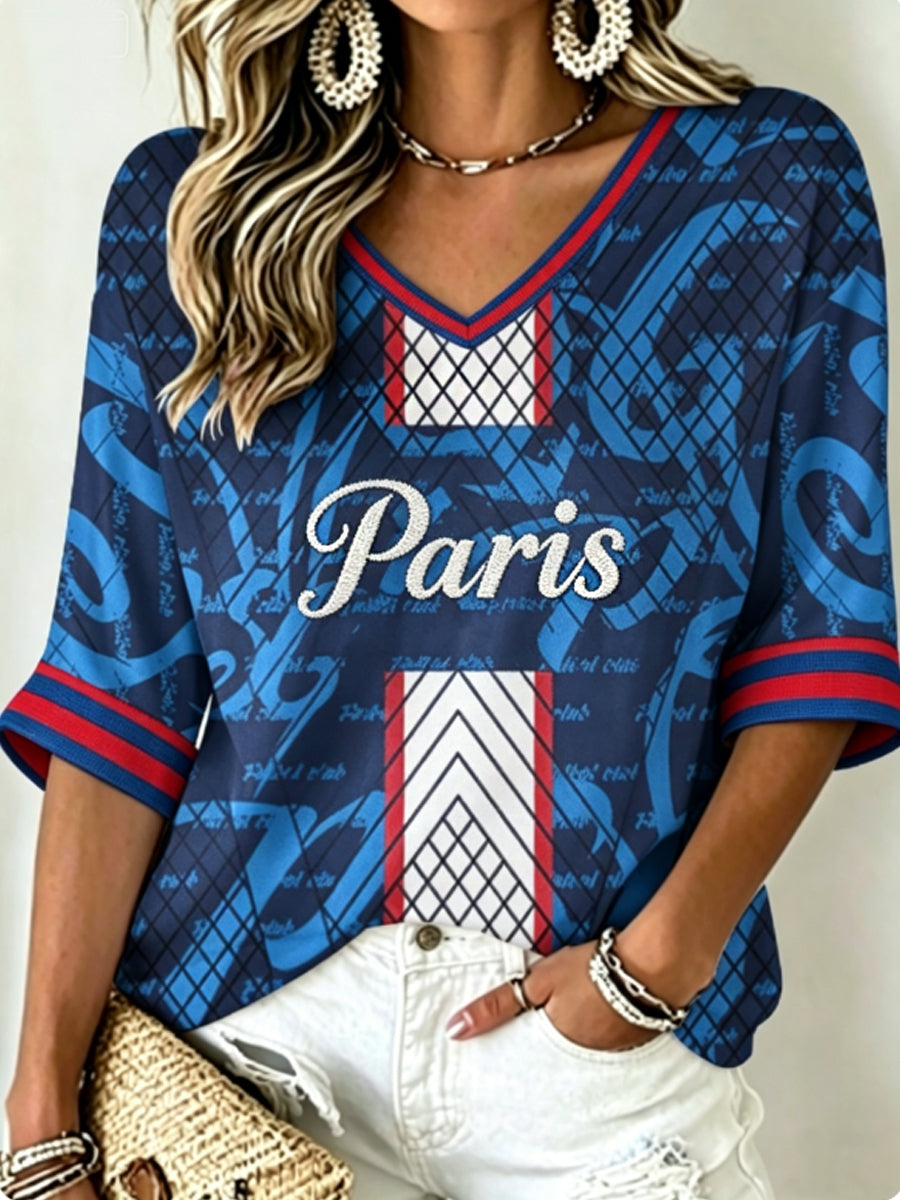 T-shirt à manches mi-longues et col en V pour femmes