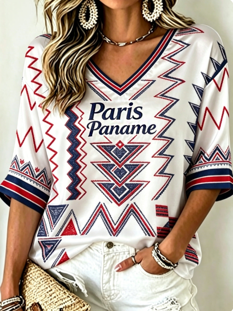 T-shirt à manches mi-longues et col en V pour femmes