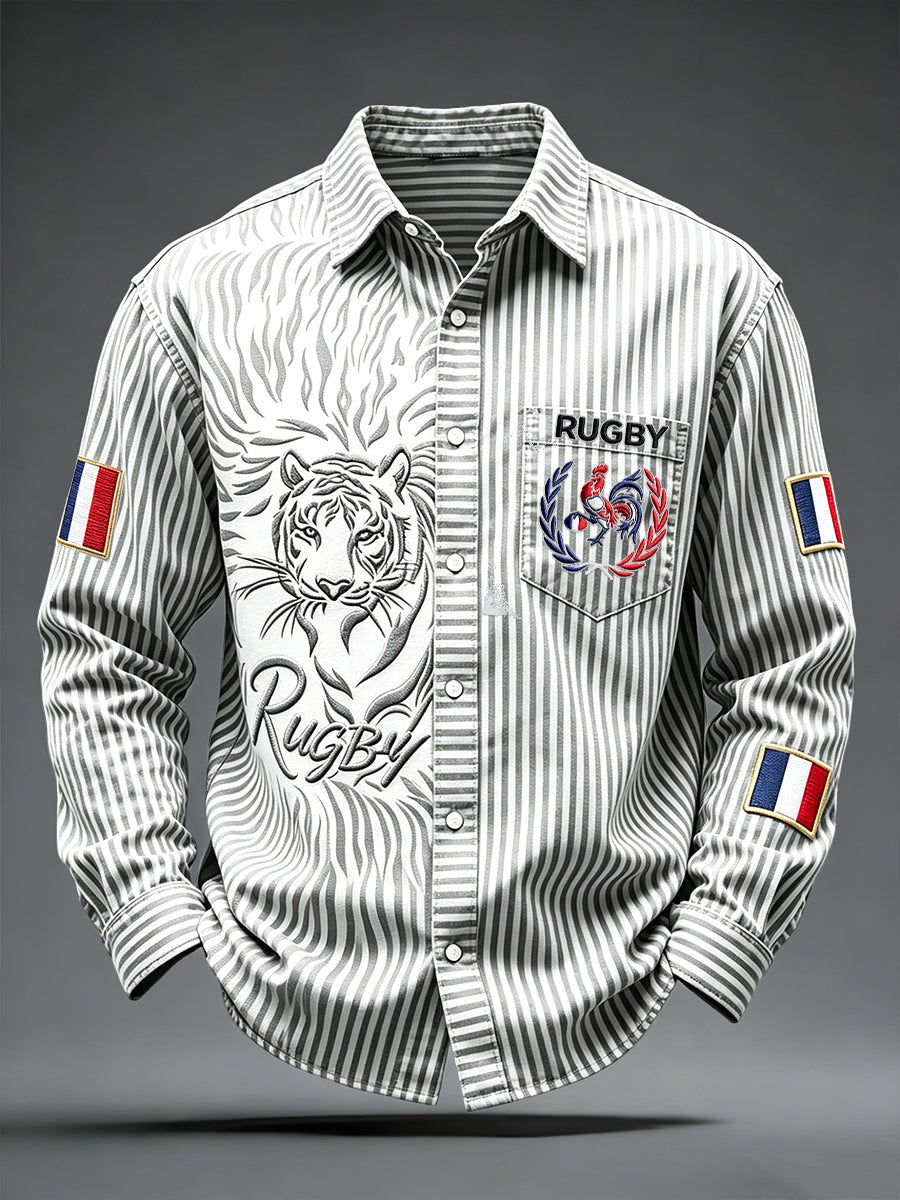 Chemise décontractée pour homme, motif coq français et rayures tigre