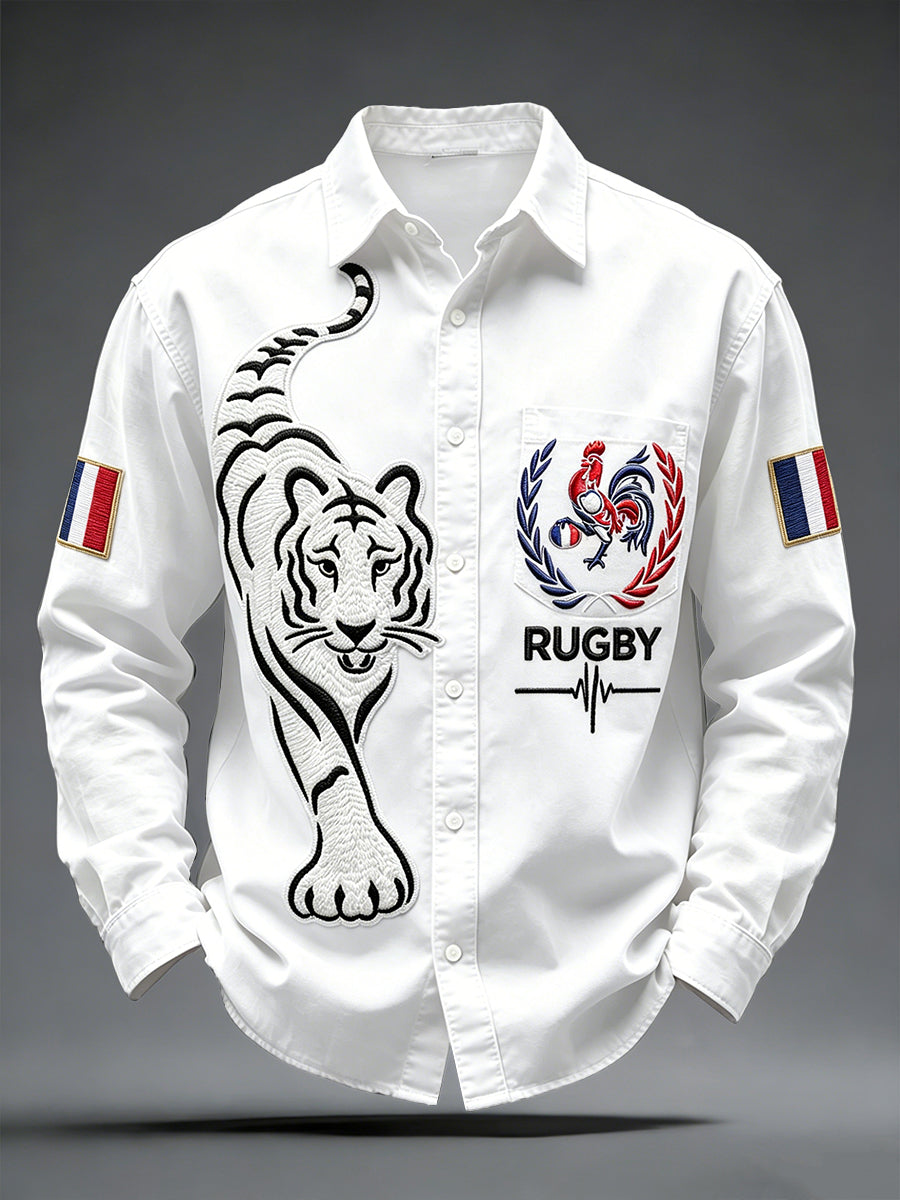 Chemise décontractée pour homme, blanche, avec imprimé coq français et tigre