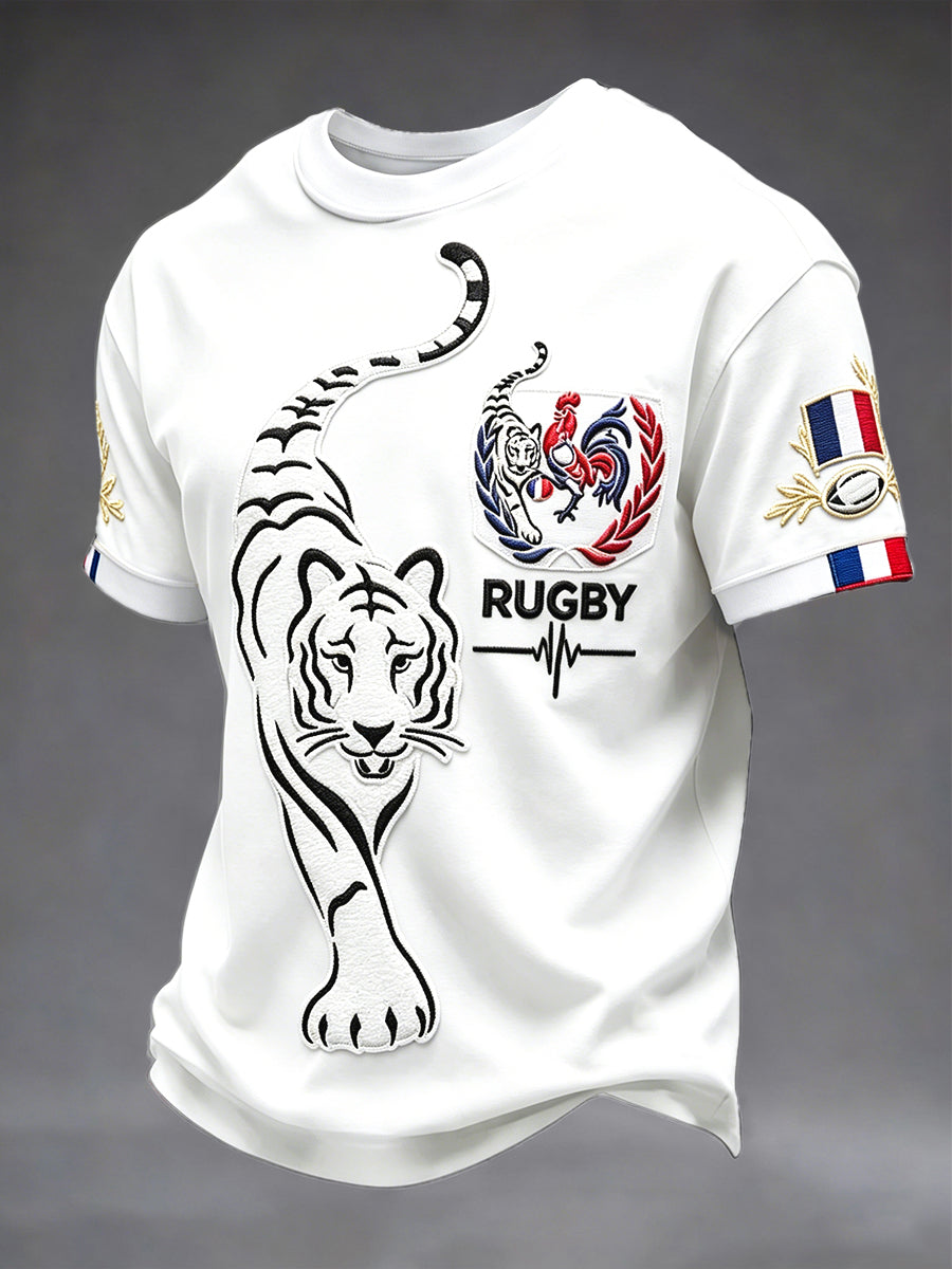 T-shirt décontracté pour homme, blanc, avec imprimé coq français et tigre