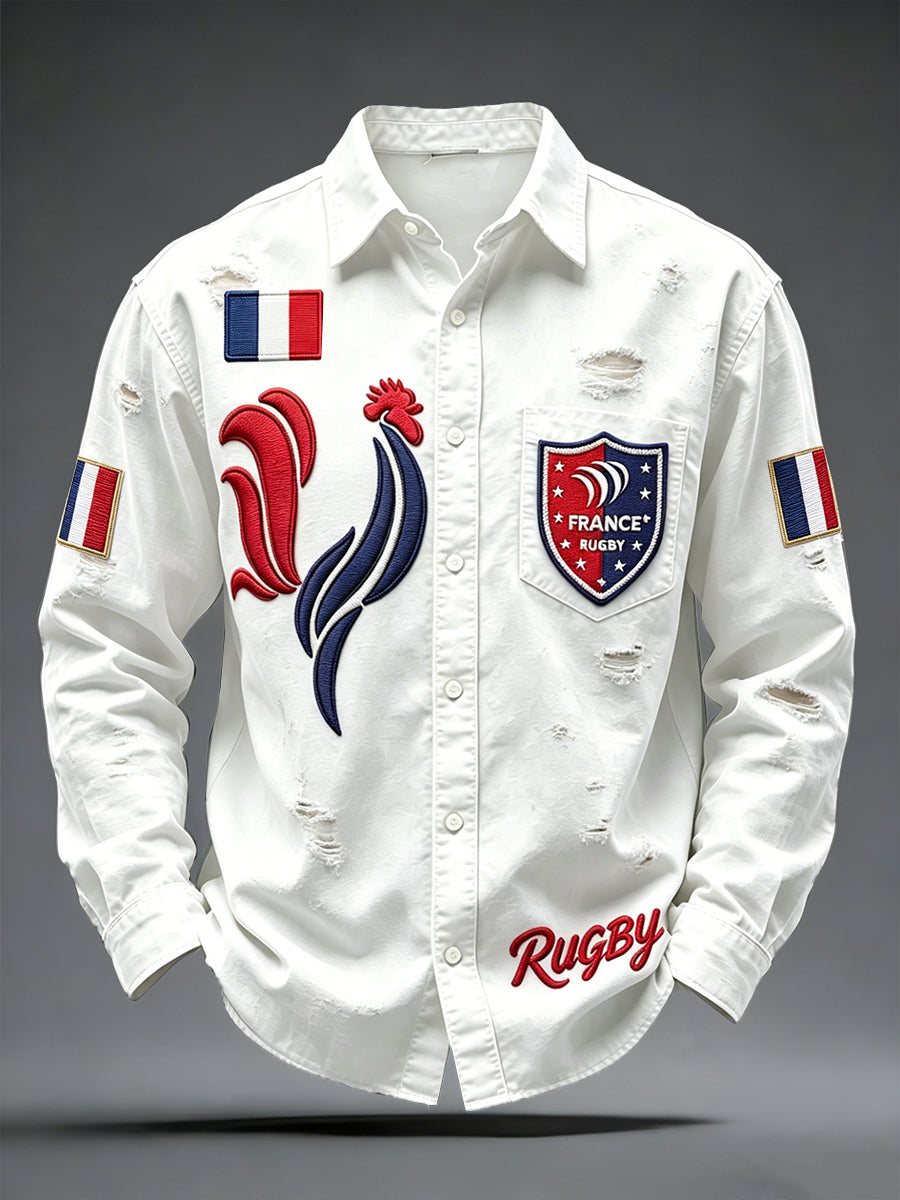 Chemise décontractée pour homme, blanche, avec imprimé vieilli du coq français de rugby