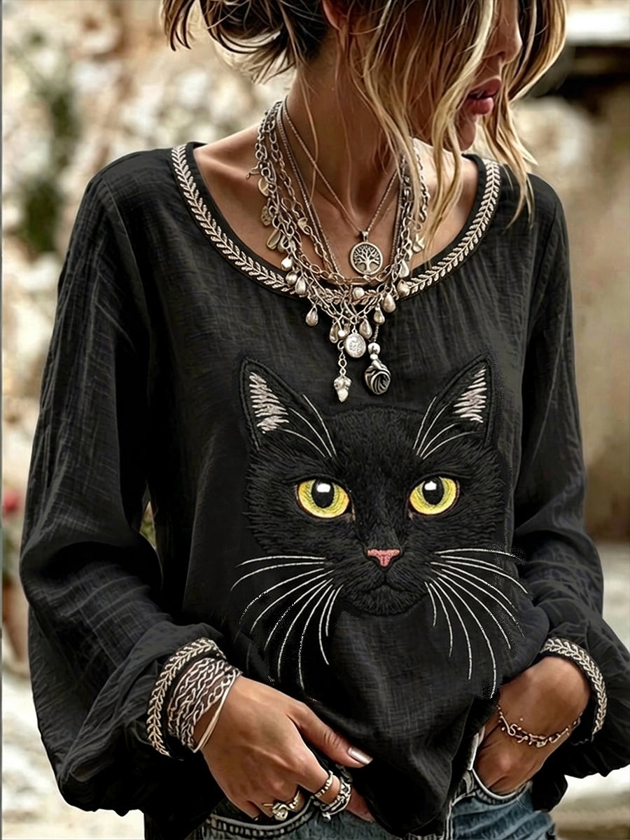 Femmes Vintage Noir Chat Visage Art Lin Col Rond Haut