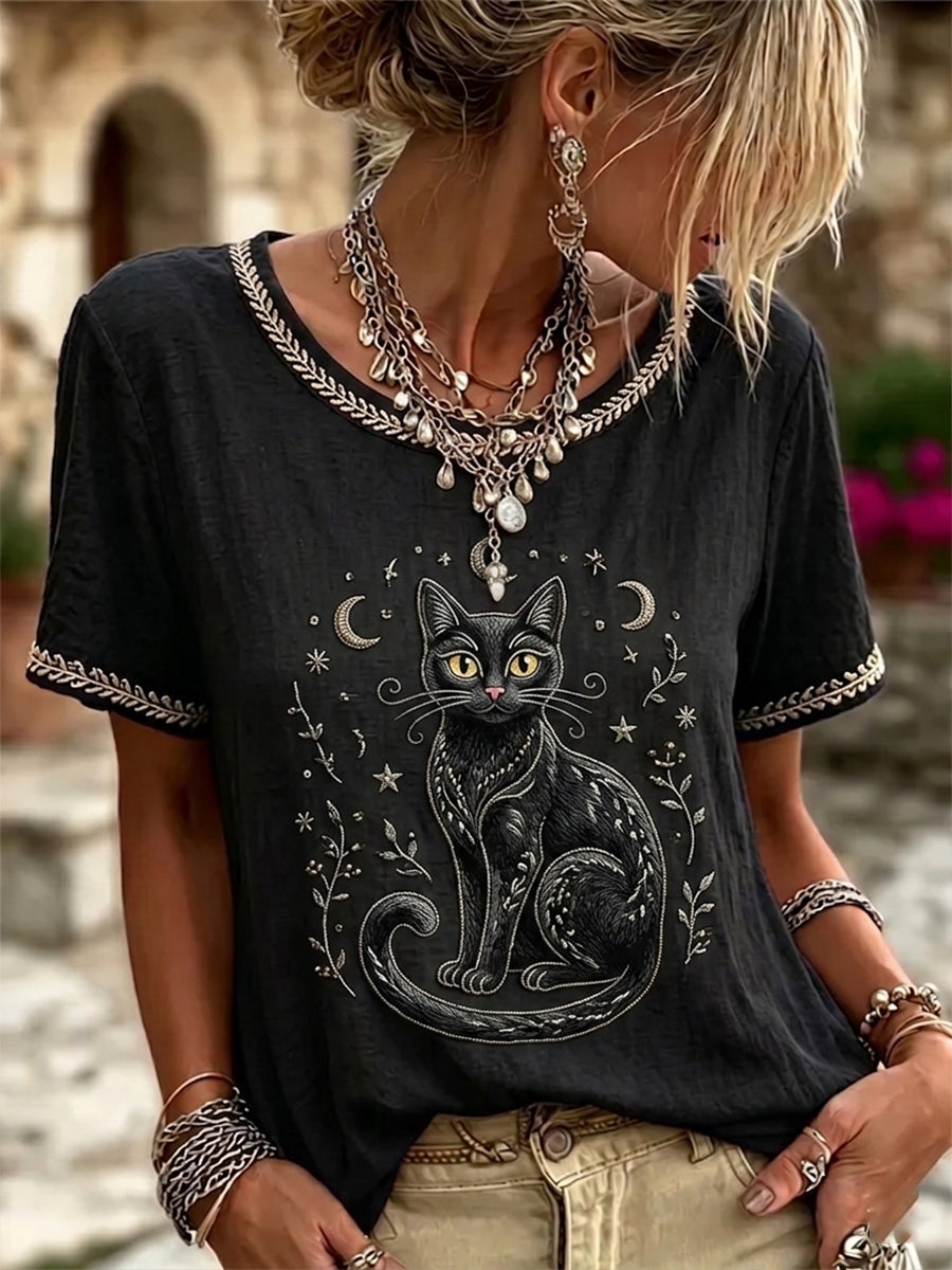Femmes Vintage Noir Chat Visage Art Lin Col Rond Manches Courtes Top