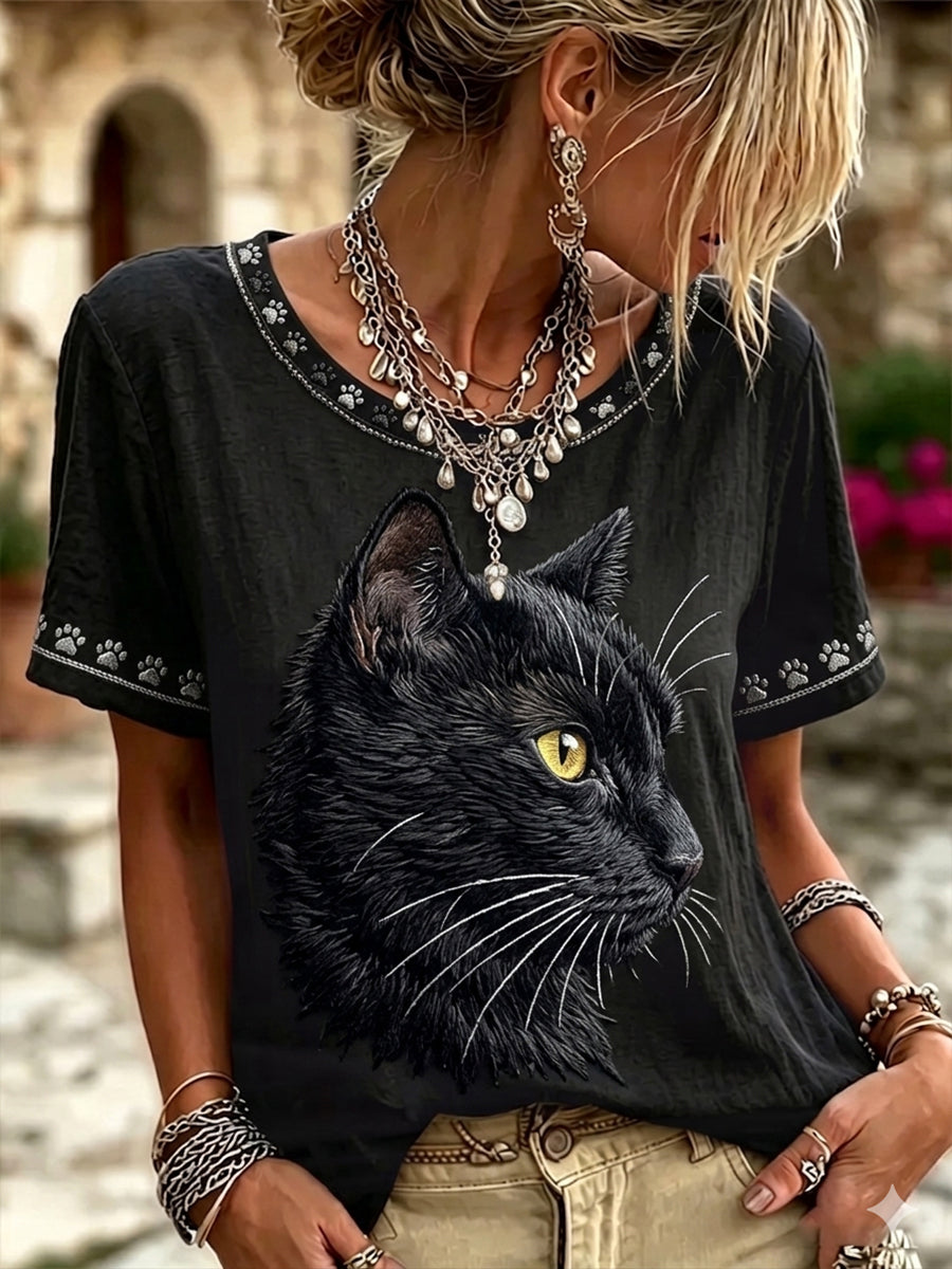 Top vintage pour femme en lin, motif tête de chat noir, col rond, manches courtes