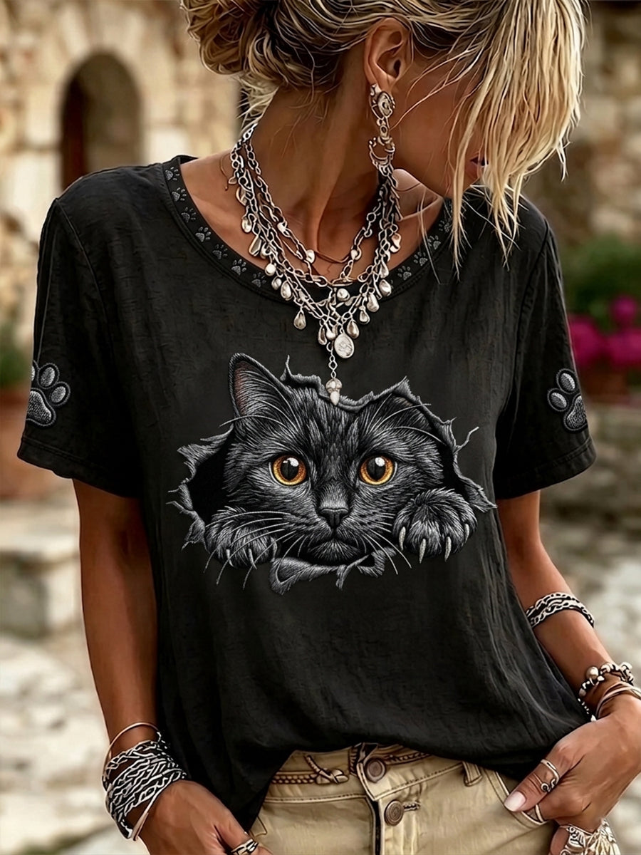 Top vintage pour femme en lin, motif tête de chat noir, col rond, manches courtes
