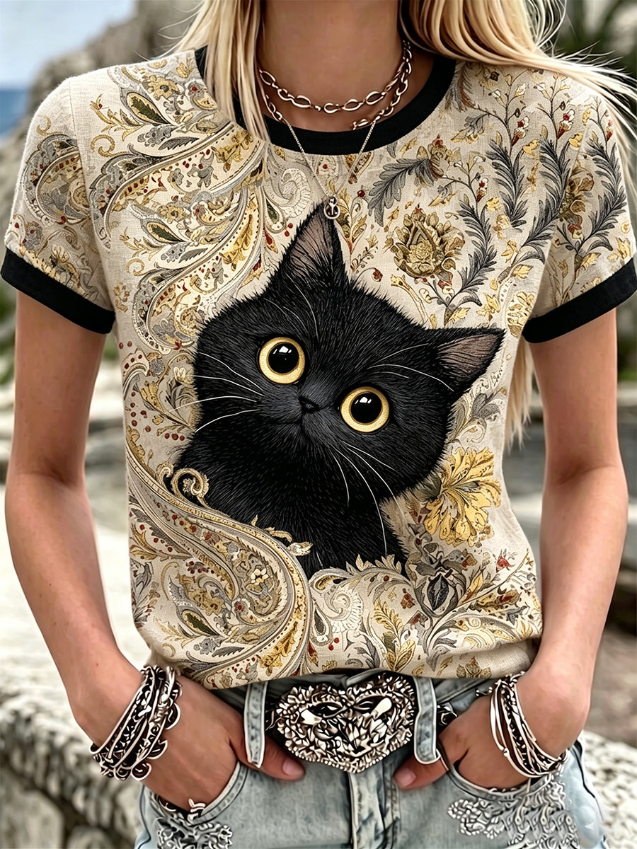 Femmes Vintage Noir Chat Art Lin Col Rond Manches Courtes Top