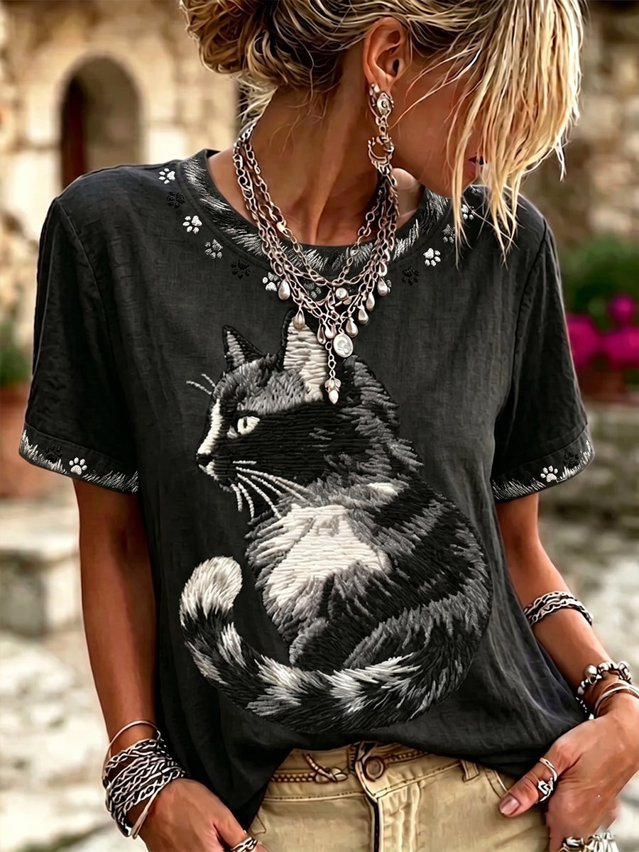 Top vintage pour femme en lin, motif chat noir, col rond, manches courtes