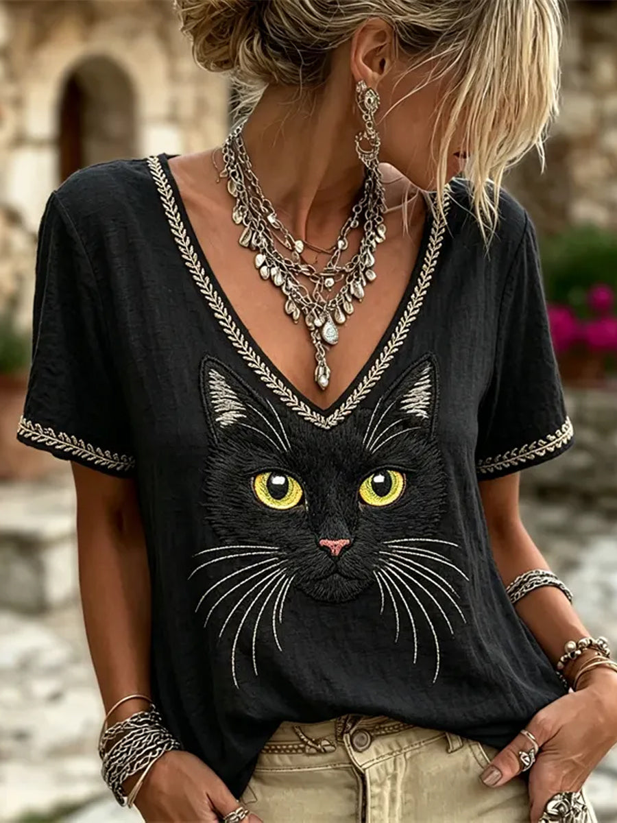 Femmes Vintage Noir Chat Visage Art Lin V-Neck Manches Courtes Top