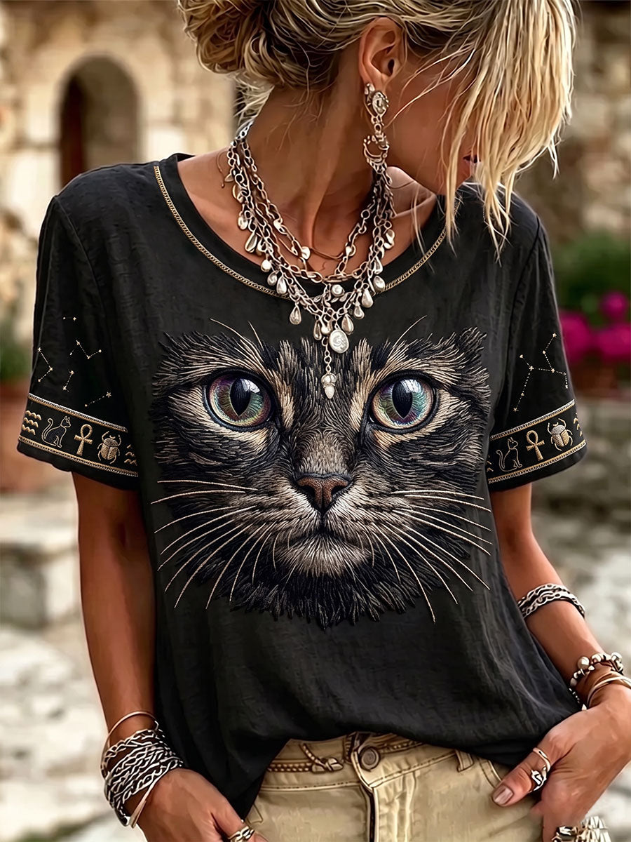 Top vintage pour femme en lin, motif tête de chat noir, col rond, manches courtes