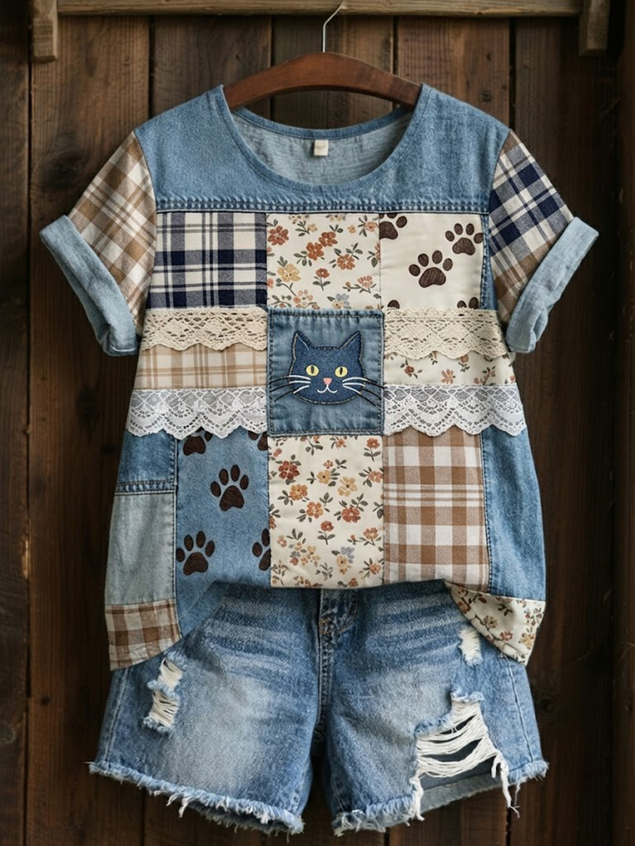 T-shirt à manches courtes en lin patchwork floral chat femme