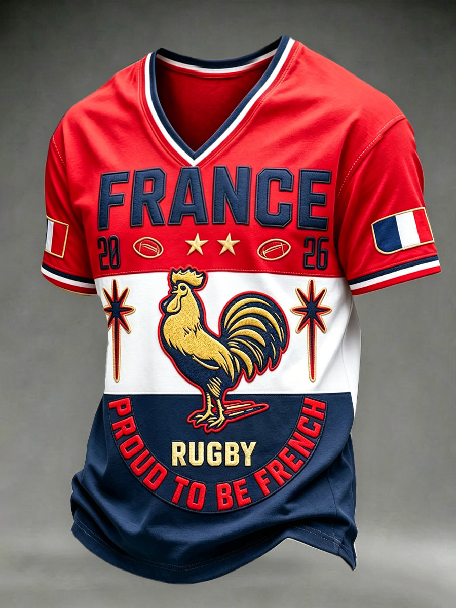 T-shirt décontracté à col en V pour homme, motif patchwork coq français, mode casual
