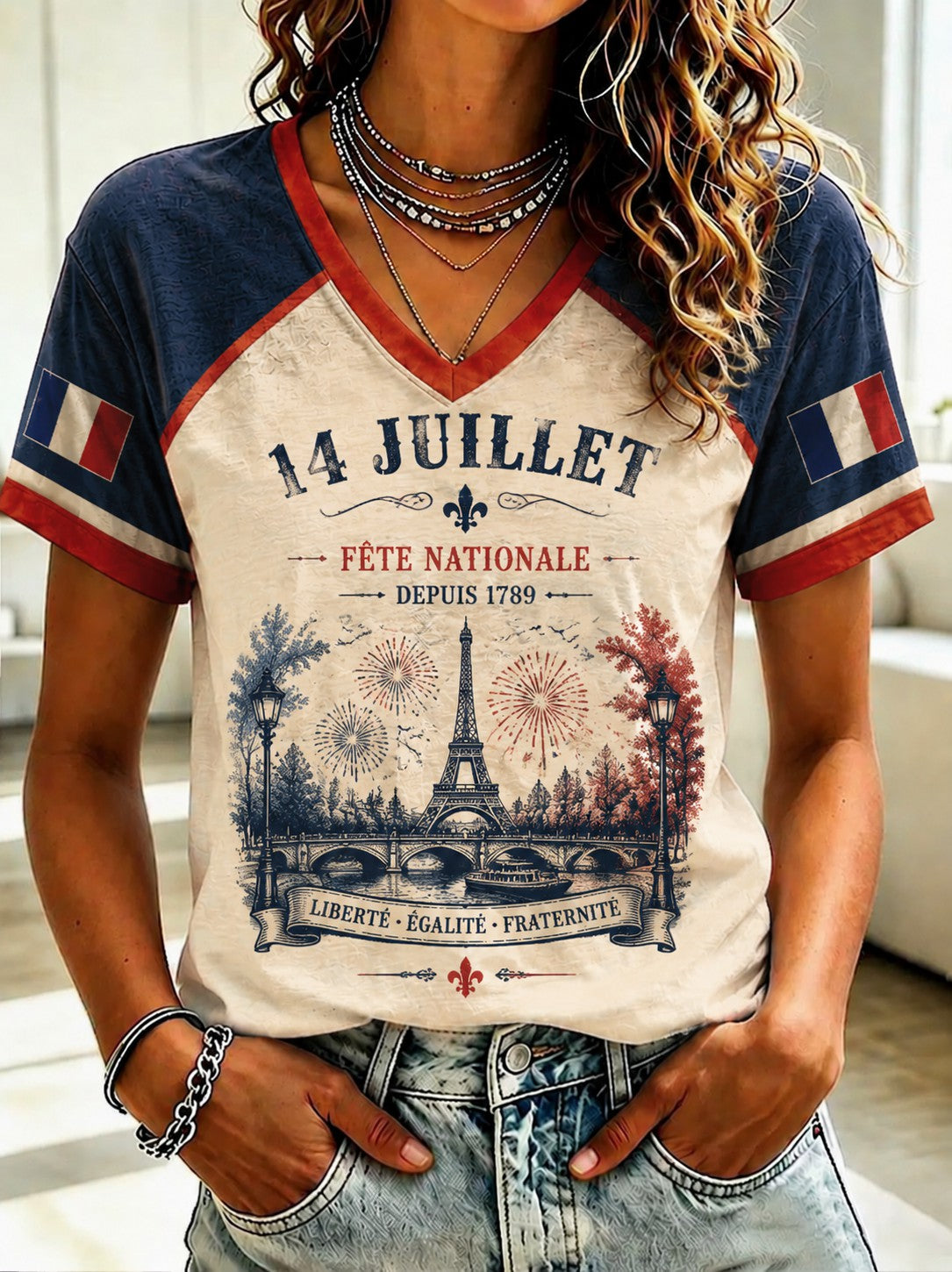 T-shirt femme France du 14 juillet à col en V imprimé