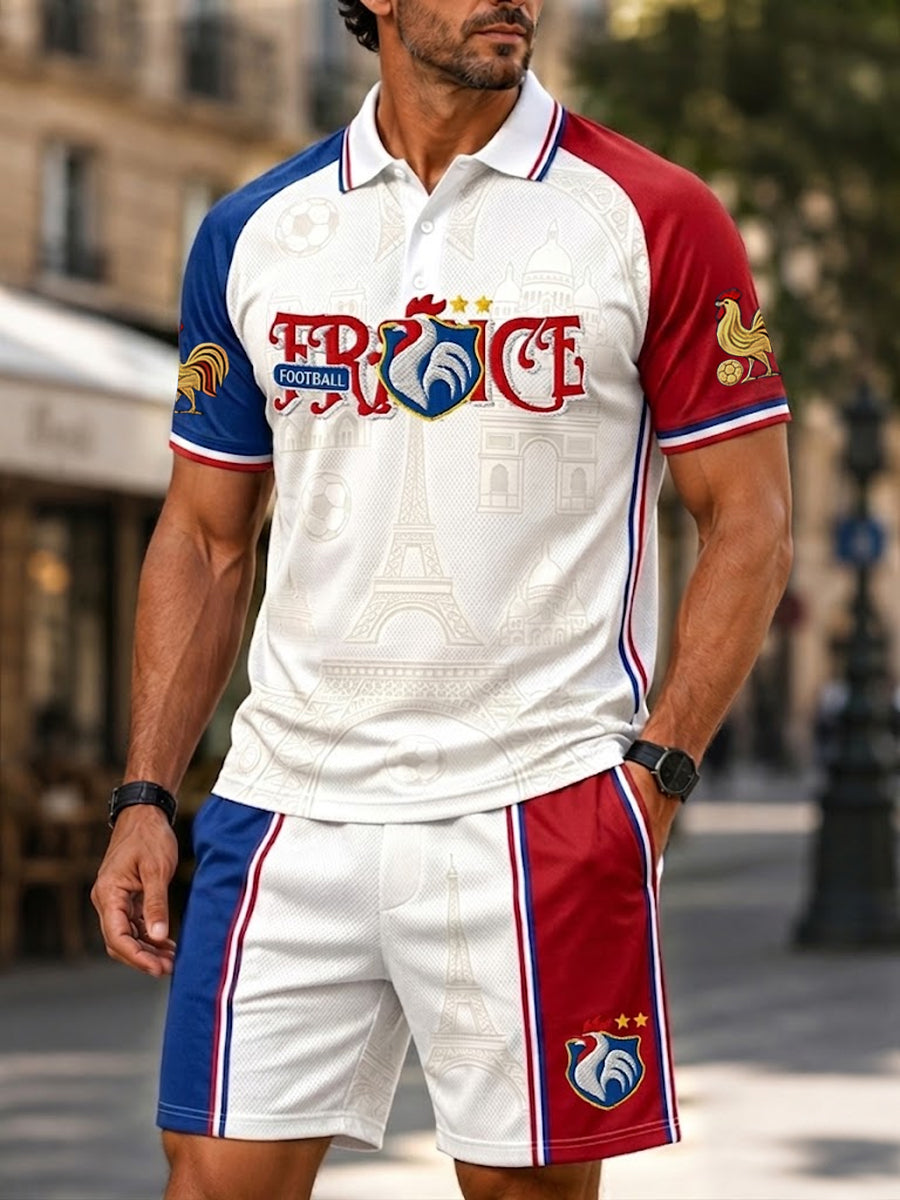 Ensemble de shorts de polo décontractés de patchwork de football français rétro pour hommes