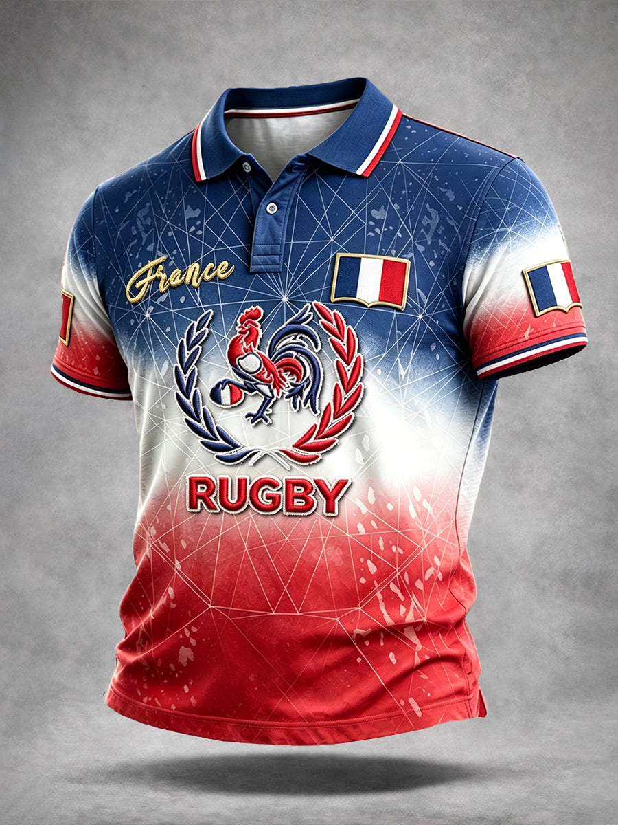 Polo décontracté pour homme en rugby français, motif dégradé coq