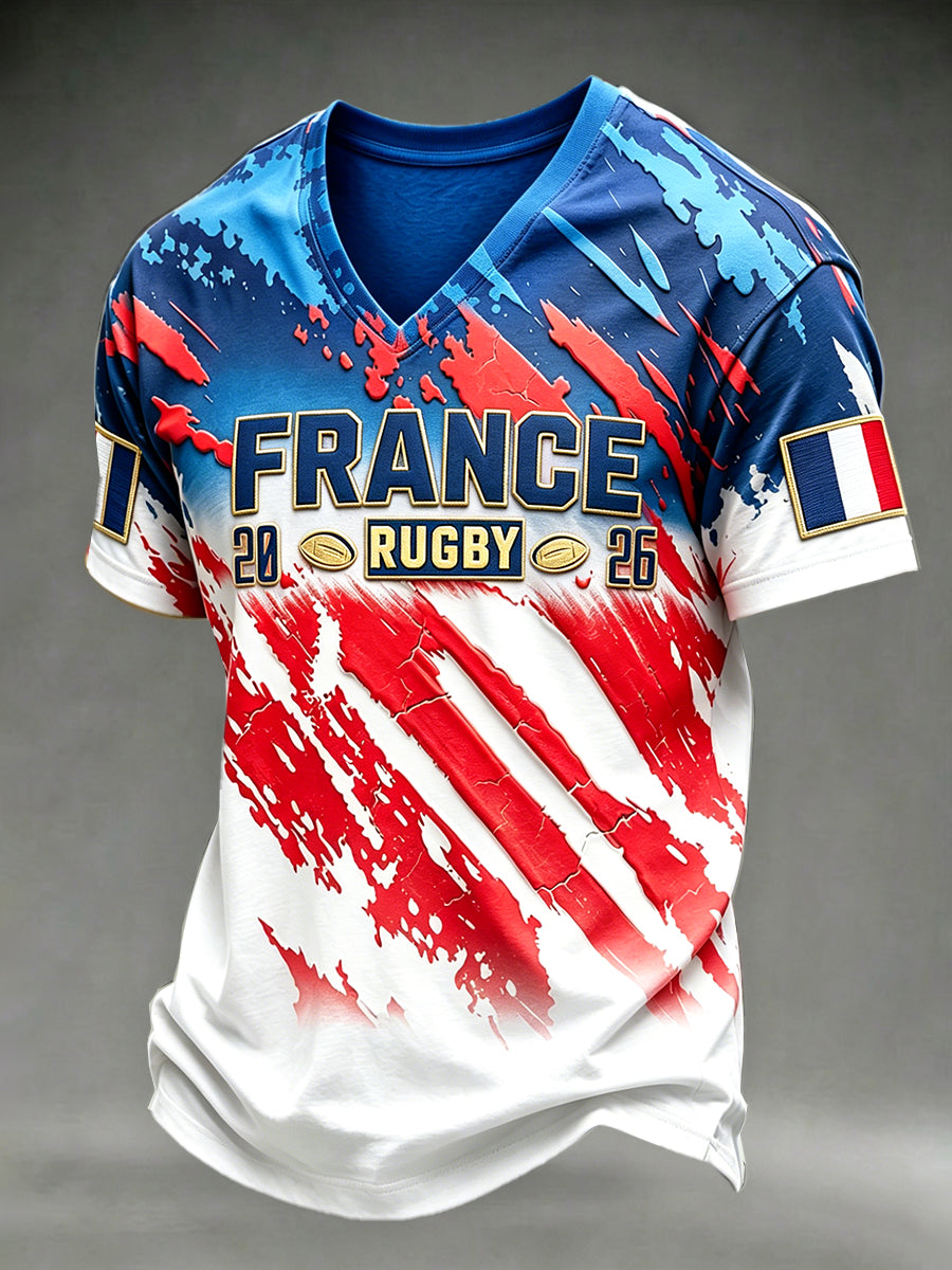 T-shirt décontracté à col en V pour homme, imprimé 3D, motif rugby français