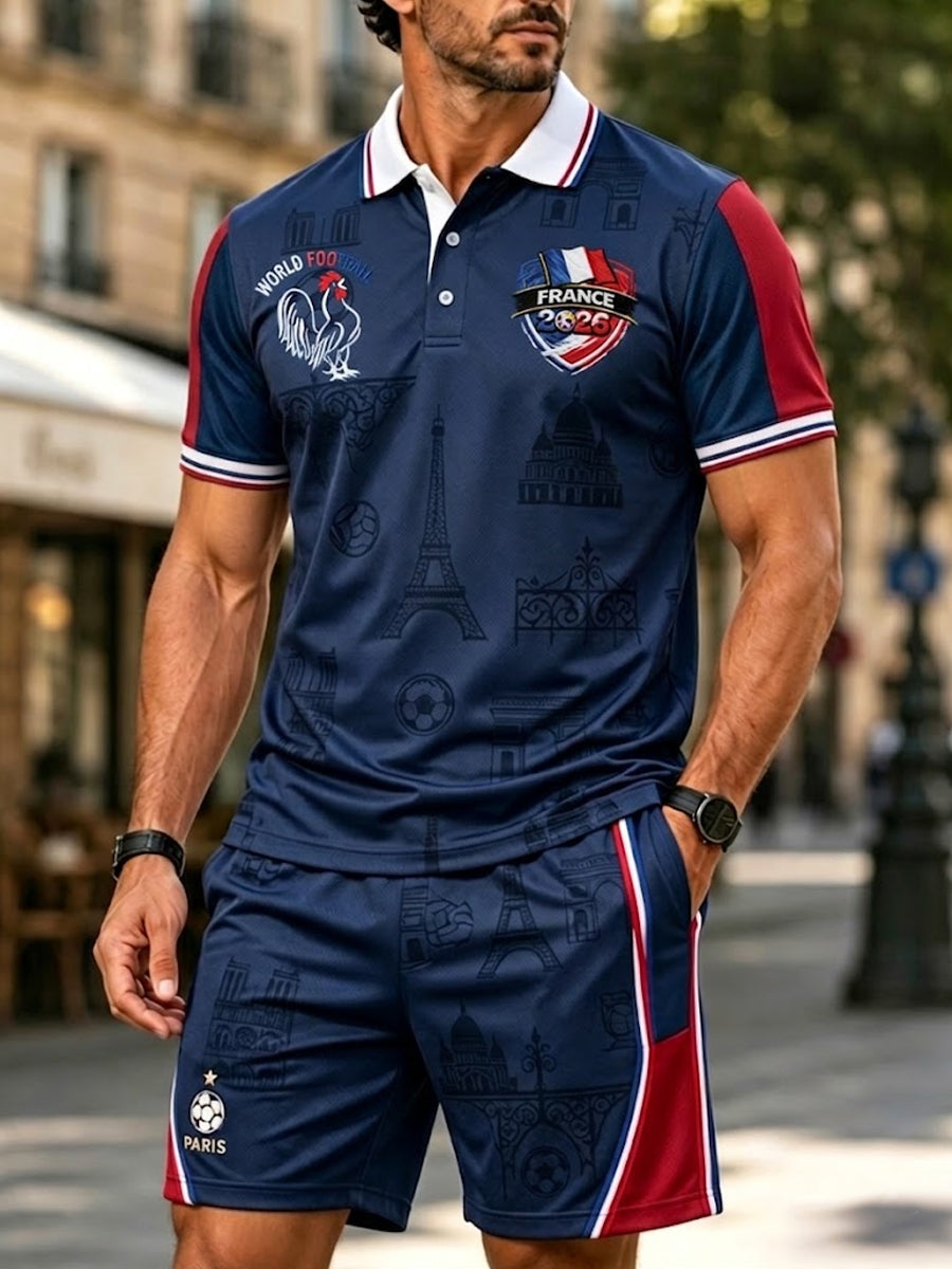 Ensemble polo et short décontractés sur le thème du football français rétro pour hommes