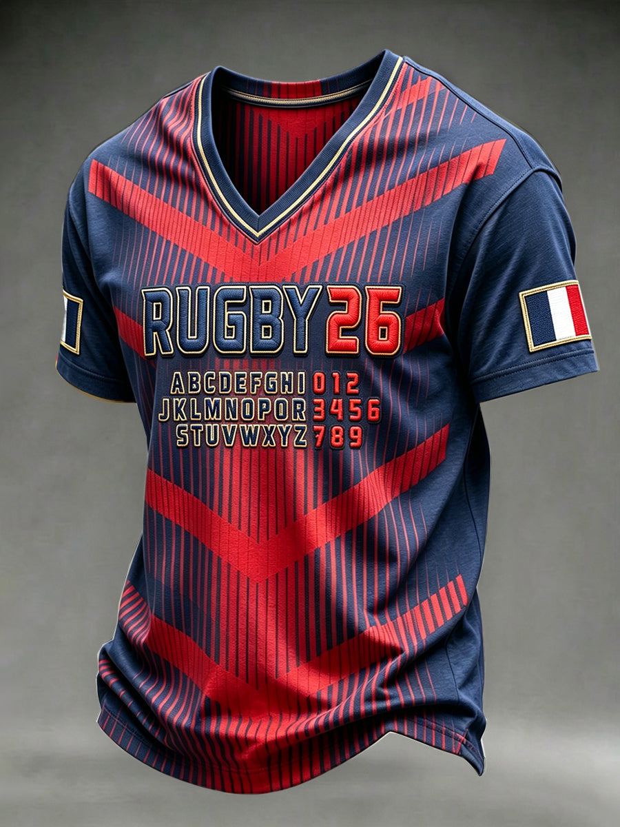 T-shirt décontracté à col V pour hommes, motif rugby français