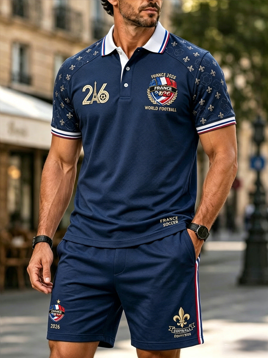 Rétro Français 2026 Soccer Fan Patchwork Casual Polo Shorts Set