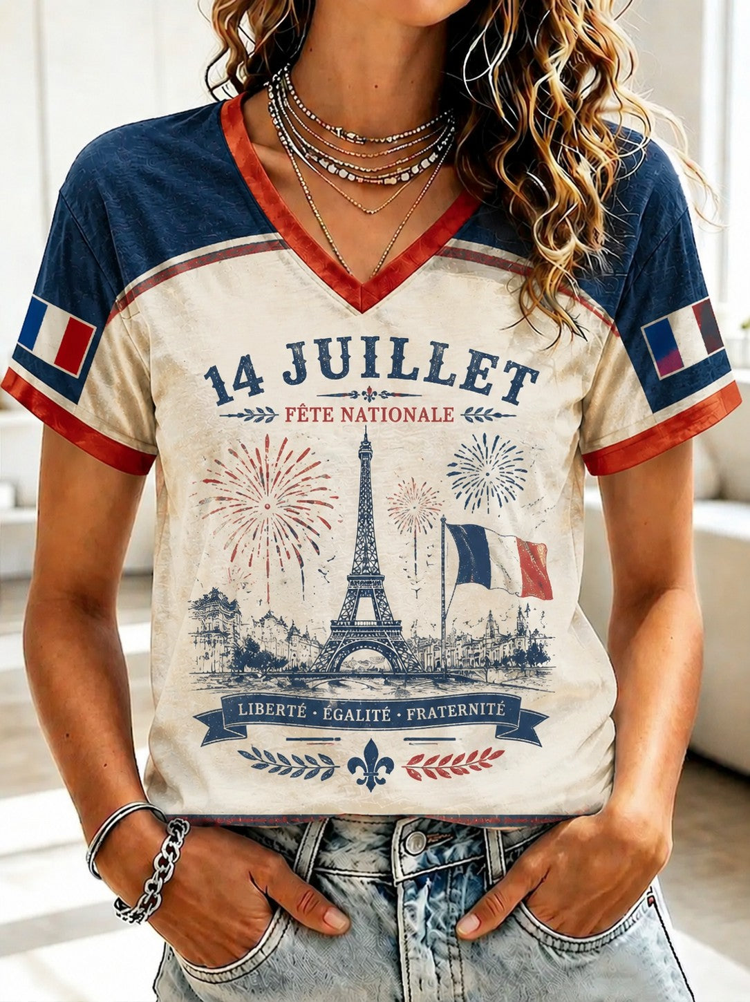 T-shirt femme France du 14 juillet à col en V imprimé