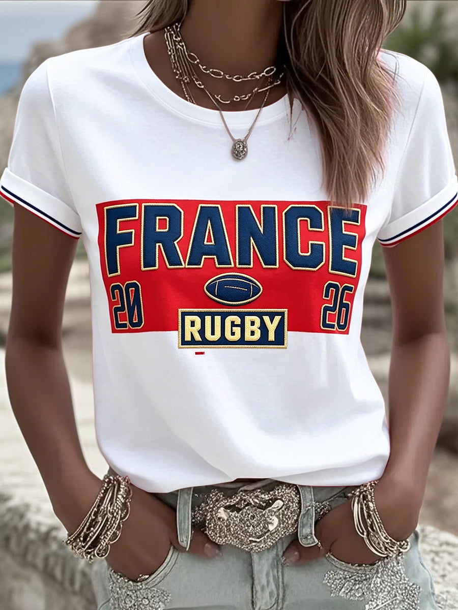 T-shirt blanc décontracté pour femme, motif patchwork, rugby français