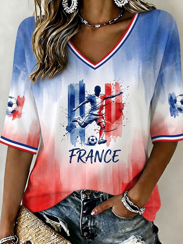 Chemise en lin à col V pour femme, motif football français