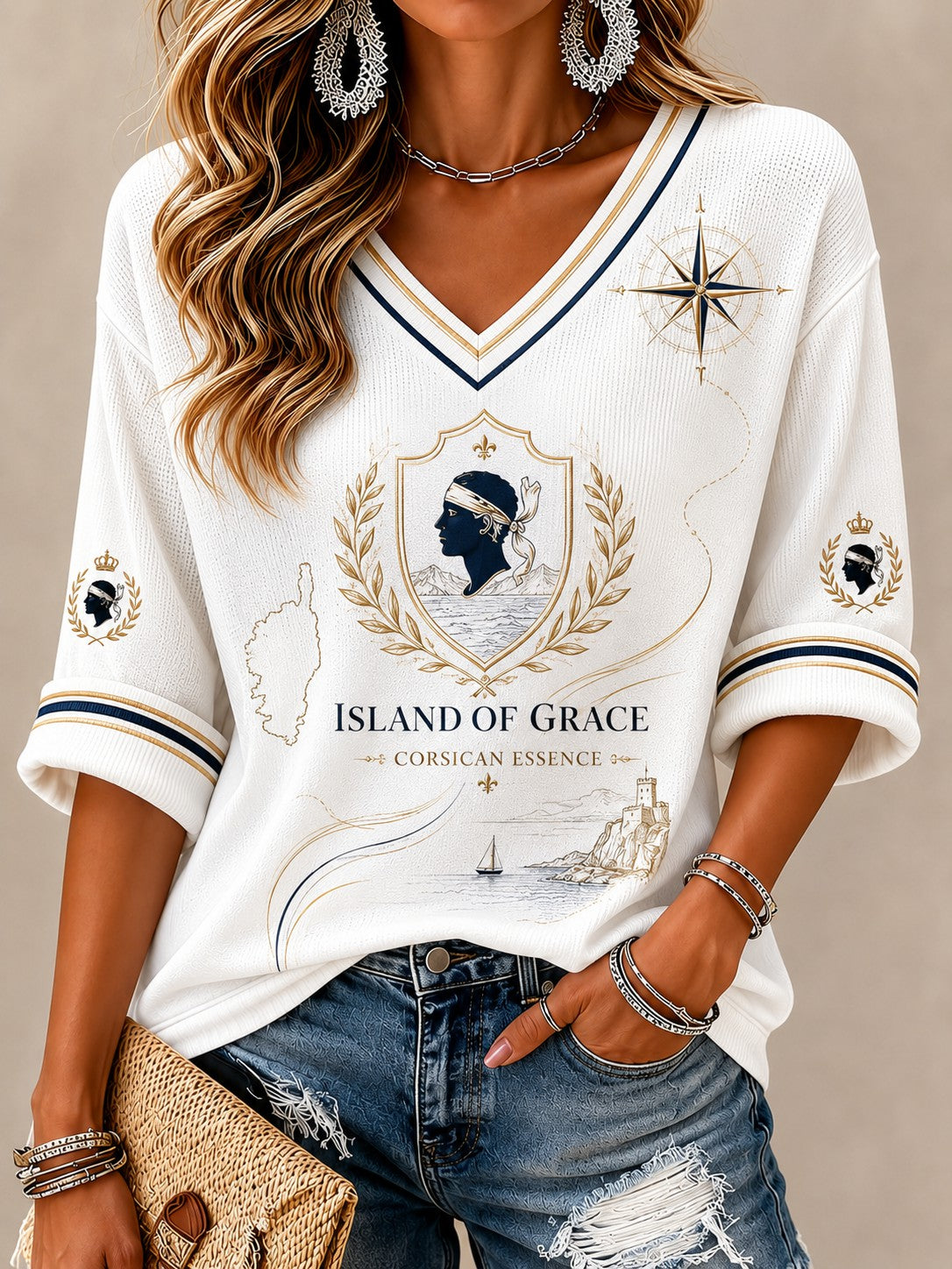 T-shirt femme à manches mi-longues et col en V, imprimé du drapeau de la Corse