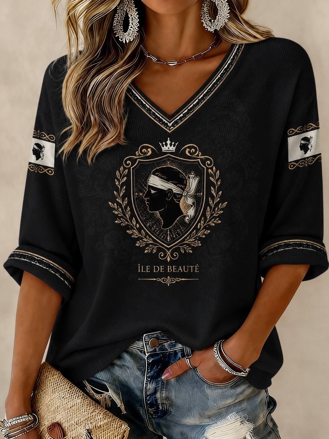 T-shirt femme à manches mi-longues et col en V, imprimé du drapeau de la Corse
