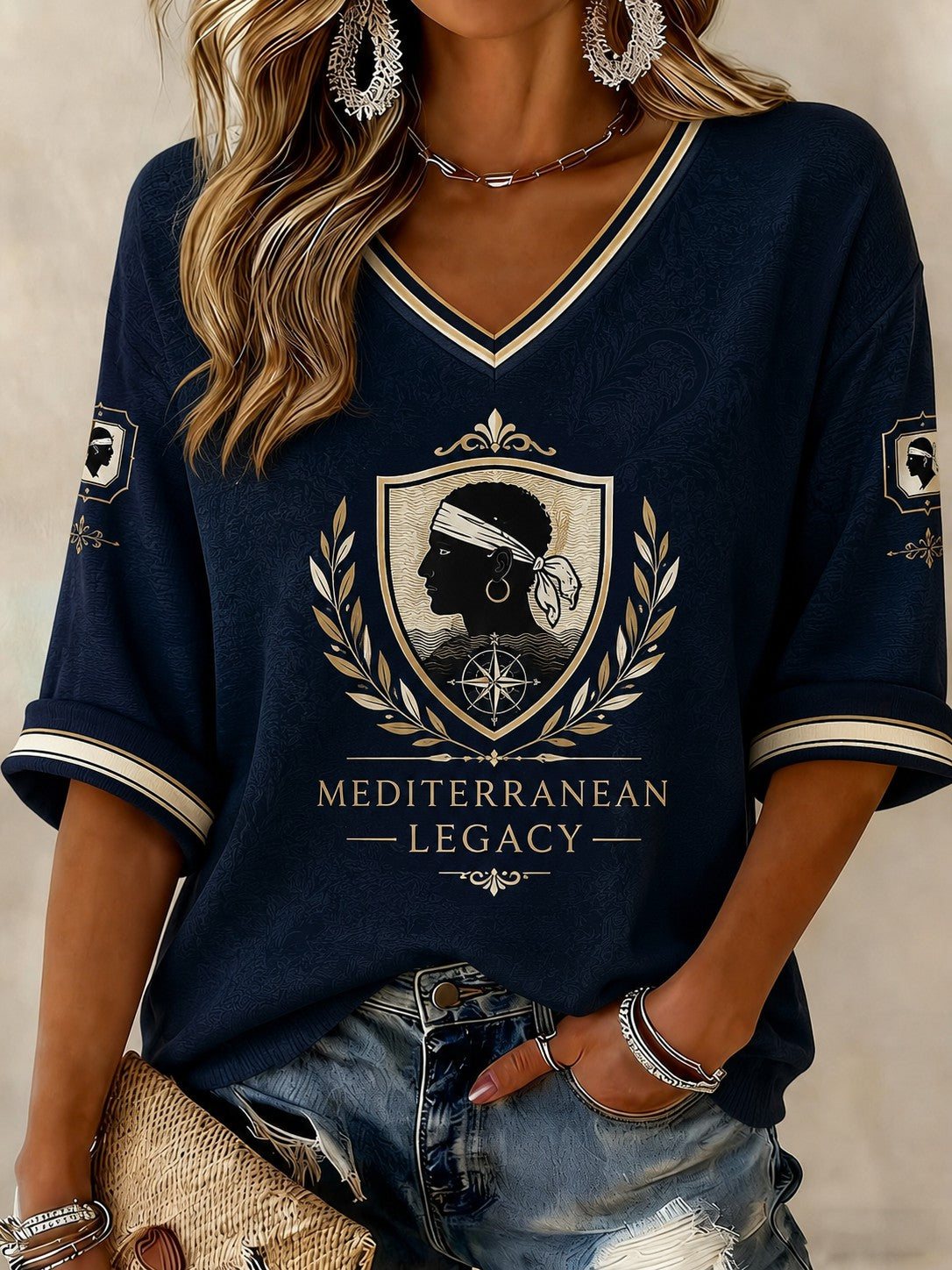 T-shirt femme à manches mi-longues et col en V, imprimé du drapeau de la Corse