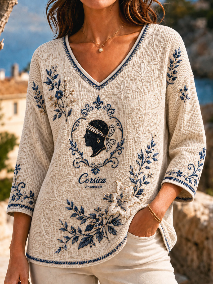 Top Femme Rétro Corse Floral Artistique Décontracté Gaufré