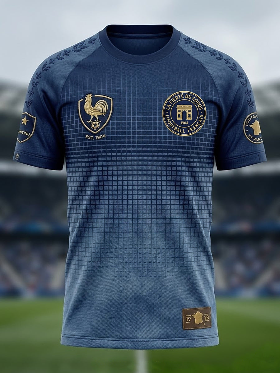 T-shirt décontracté à carreaux dégradé de football français rétro
