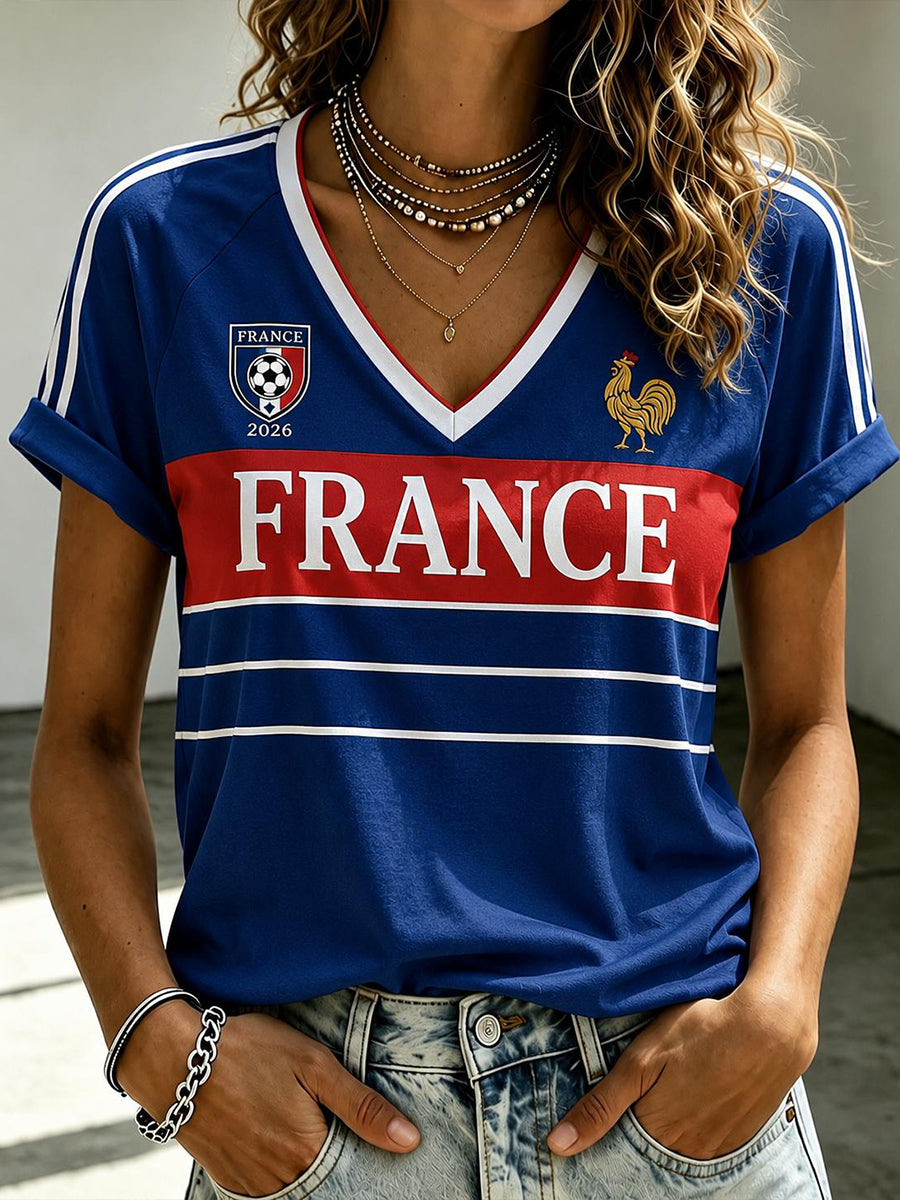 T-shirt femme France Football à col en V et épaules dénudées, manches courtes