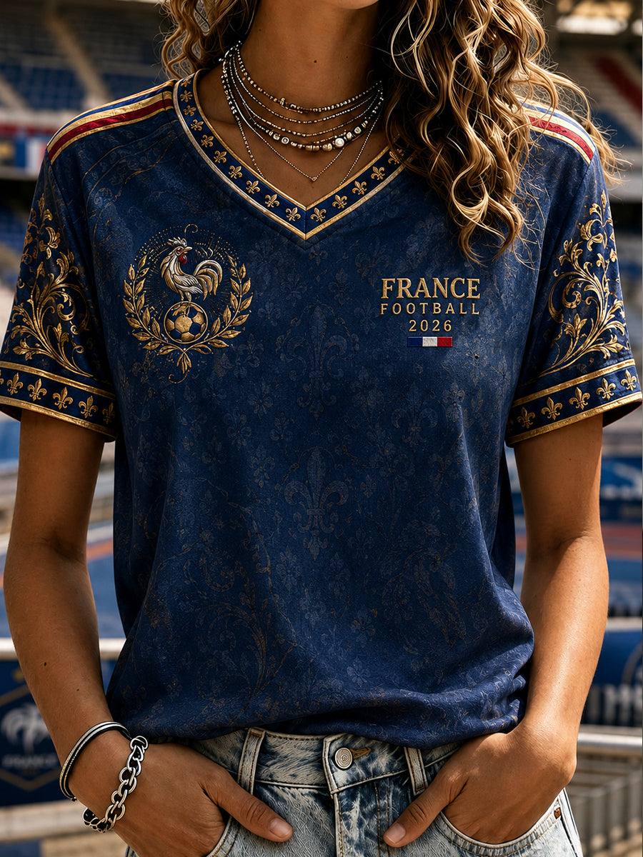 T-shirt manches courtes col V imprimé rétro France Football pour homme