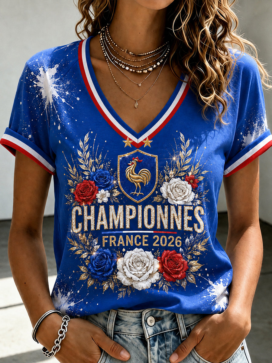 T-shirt femme France Football à col en V et épaules dénudées, manches courtes
