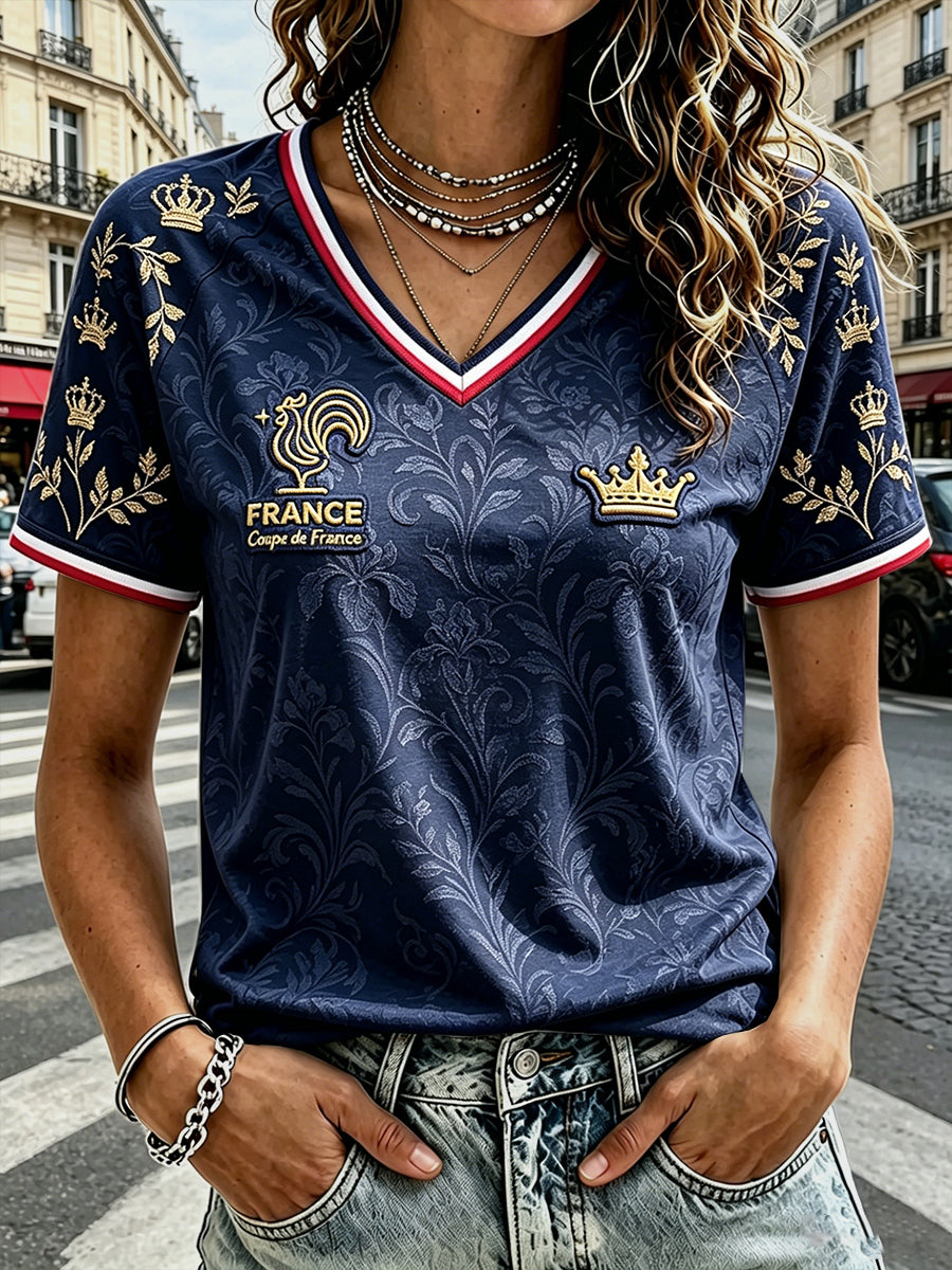 T-shirt décontracté à col en V pour femme, style vintage bleu marine, motif coq du football français