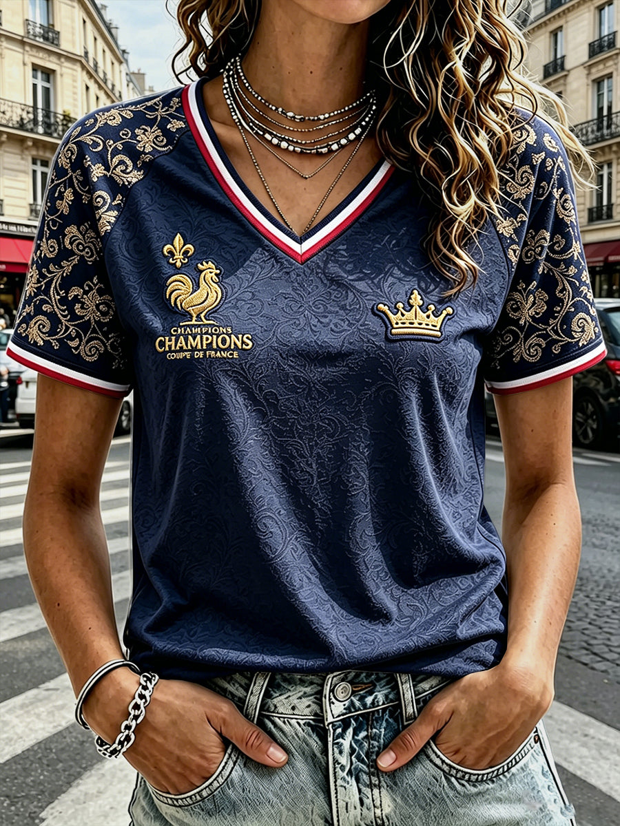 T-shirt décontracté à col en V pour femme, style vintage, bleu marine, motif floral de football français
