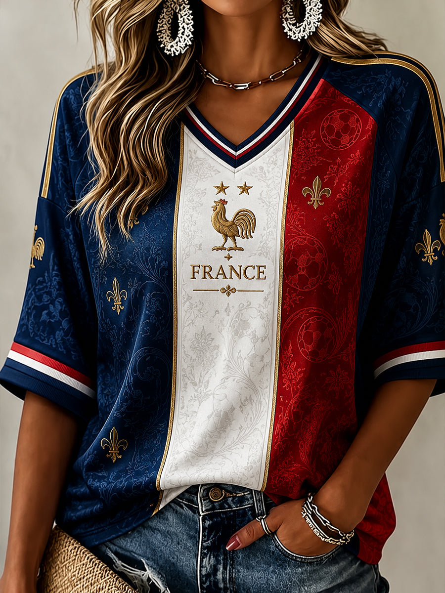 Chemise en lin à col V pour femme, motif France Football