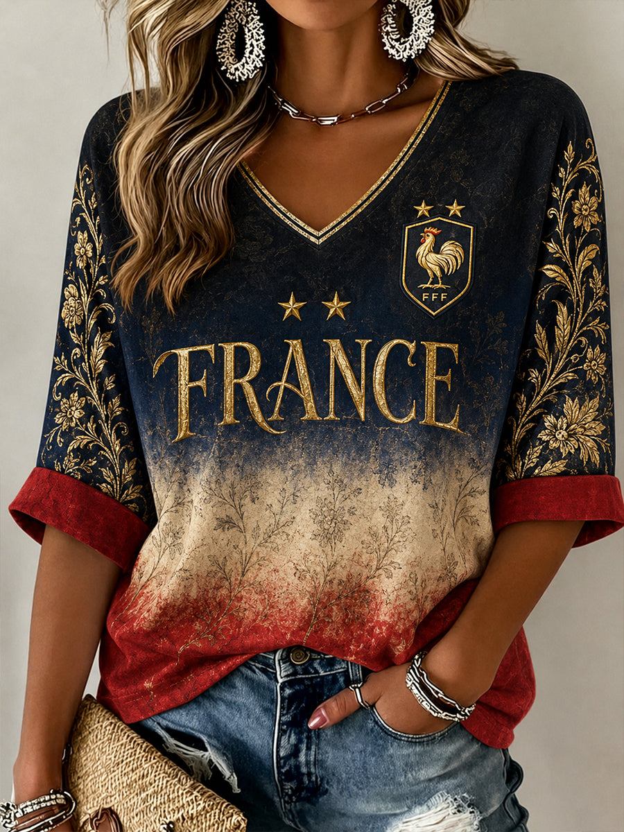 Chemise en lin à col V pour femme, motif France Football